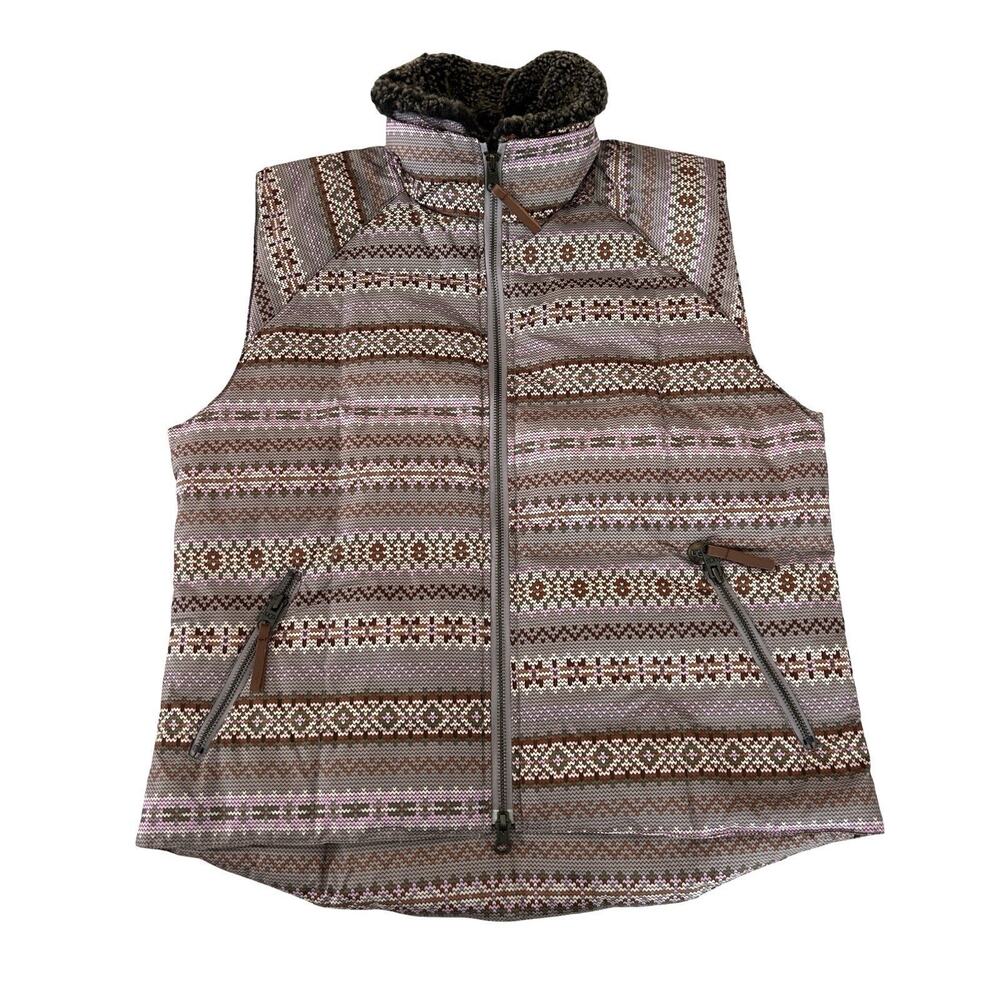 Ugg Womens Down Puffer Vest Size M Taupe & Pink Aztec Detachable Shearling Neck